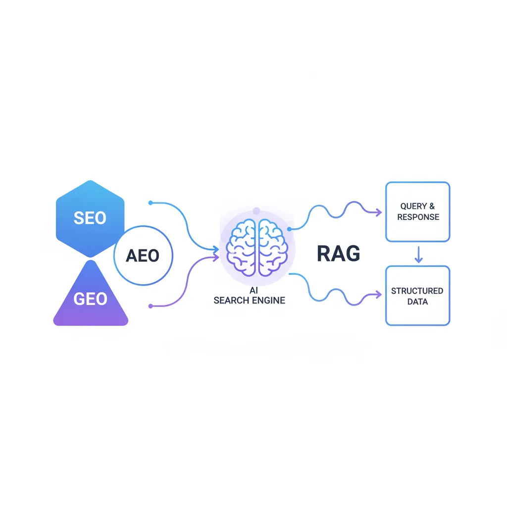 SEO·AEO·GEO 통합 콘텐츠 구조와 RAG 기반 AI 검색 엔진의 정보 인용 흐름을 나타낸 인포그래픽
