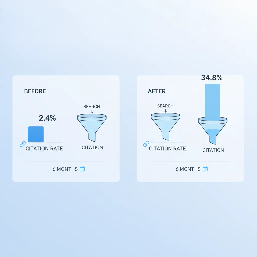 B2B SaaS 기업의 구조화 콘텐츠 적용 전후 생성형 AI 답변 내 브랜드 인용률과 전환 흐름을 비교하는 데이터 대시보드 삽화